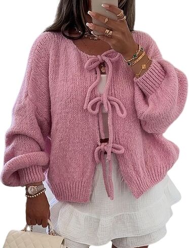 سترة صوفية نسائية من Yimoon Y2K بربطة أمامية وأكمام طويلة ومفتوحة من الأمام كبيرة الحجم (وردي-M) in Kuwait