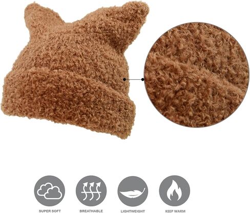 Fuzzy Cat Ear Knitted Beanie Hats, Warm Winter Slouchy Crocheted Hat Funny Plush Kitty Ears Cap for Girls Women in Kuwait