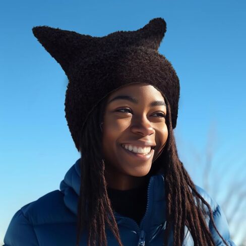 Fuzzy Cat Ear Knitted Beanie Hats, Warm Winter Slouchy Crocheted Hat Funny Plush Kitty Ears Cap for Girls Women in Kuwait