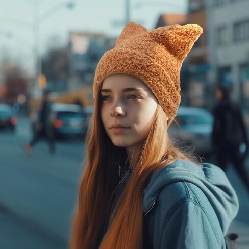 Fuzzy Cat Ear Knitted Beanie Hats, Warm Winter Slouchy Crocheted Hat Funny Plush Kitty Ears Cap for Girls Women in Kuwait