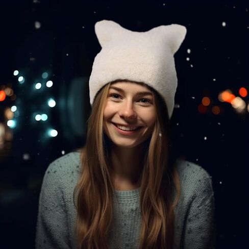 Fuzzy Cat Ear Knitted Beanie Hats, Warm Winter Slouchy Crocheted Hat Funny Plush Kitty Ears Cap for Girls Women in Kuwait