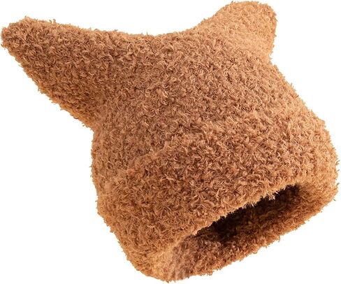 Fuzzy Cat Ear Knitted Beanie Hats, Warm Winter Slouchy Crocheted Hat Funny Plush Kitty Ears Cap for Girls Women in Kuwait