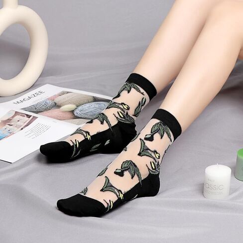 Benefeet Sox Womens Girls Sheer Socks Lace Mesh Crew Socks Transparent See Through Socks Ultra Thin Silk Nylon Dress Socks in Saudi Arabia