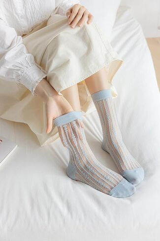 Benefeet Sox Womens Girls Sheer Socks Lace Mesh Crew Socks Transparent See Through Socks Ultra Thin Silk Nylon Dress Socks in Saudi Arabia
