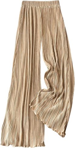 OYOANGLE Women's Pleated Elastic Waist Lettuce Trim Palazzo Pants Wide Leg Casual Loose Long Pants in Saudi Arabia