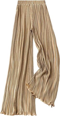 OYOANGLE Women's Pleated Elastic Waist Lettuce Trim Palazzo Pants Wide Leg Casual Loose Long Pants in Saudi Arabia