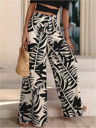 GORGLITTER Women's Tropical Pants High Waisted Hawaiian Pants Elastic Wide Leg Pants in Saudi Arabia