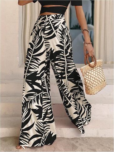 GORGLITTER Women's Tropical Pants High Waisted Hawaiian Pants Elastic Wide Leg Pants in Saudi Arabia