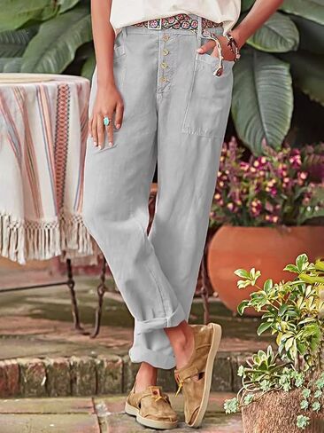 Flamingals Women's Pocket Detail Button Front Pants Without Belt Mid Waist Casual Pants in Saudi Arabia