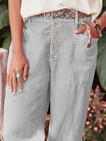 Flamingals Women's Pocket Detail Button Front Pants Without Belt Mid Waist Casual Pants in Saudi Arabia
