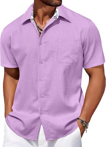 COOFANDY Men's Short Sleeve Button Down Casual Linen Shirts Summer Beach Shirt Vacation Wedding Shirts with Pocket in Saudi Arabia