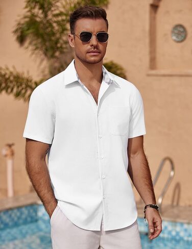 COOFANDY Men's Short Sleeve Button Down Casual Linen Shirts Summer Beach Shirt Vacation Wedding Shirts with Pocket in Saudi Arabia
