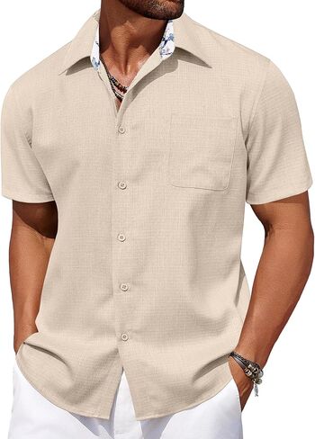 COOFANDY Men's Short Sleeve Button Down Casual Linen Shirts Summer Beach Shirt Vacation Wedding Shirts with Pocket in Saudi Arabia