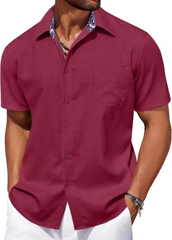 COOFANDY Men's Short Sleeve Button Down Casual Linen Shirts Summer Beach Shirt Vacation Wedding Shirts with Pocket in Saudi Arabia