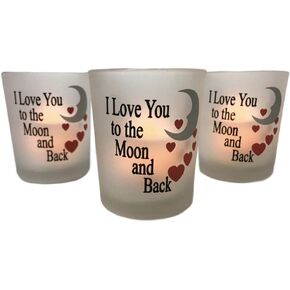 Love Votive Candle Holders - Hearts and a Crescent Moon - 'I Love You to The Moon and Back' Set of 3-2.5" H