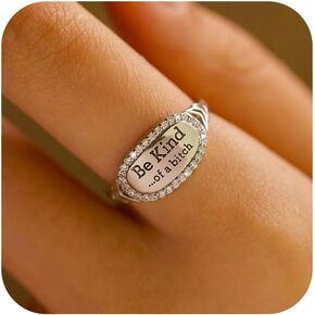 Be Kind of A Bitch Ring for Women, 925 Sterling Silver Be Kind of A B Mantra Ring to Sorority Sisters Best Friends Funny Inspirational Rings Wide CZs Band Jewelry Friendship Christmas Gifts