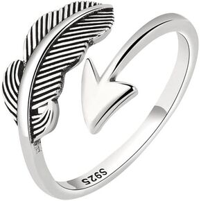 Vintage Feather Bow Arrow Open Ring for Women, Adjustable Feather Statement Band Ring Jewelry Hypoallergenic Minimalist Statement Angel Personalized Leaf Ring Jewelry Gifts for Men Women