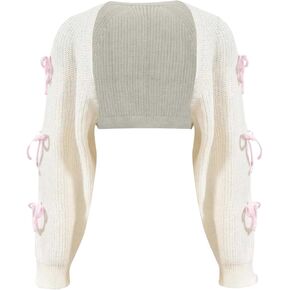 Women's Bow Decor Cardigan Sweater Open Front Shrug Long Sleeve Lightweight Sweater Cropped Cardigan Knit Outerwear