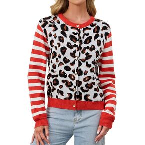 Women's Striped Leopard Cardigan Button Down Knit Animal Cheetah Printed Color Block Sweaters Tops Fall Outfits