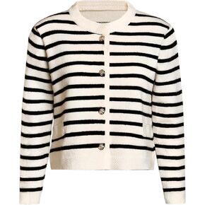 Women's Cardigan Sweaters Casual Striped Cropped Sweater Long Sleeve Ribbed Knit Lady Jacket with Patch Pockets