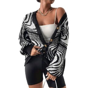 SHENHE Women's Cardigan Sweater Striped Button Down Long Sleeve Drop Shoulder Cardigan Top