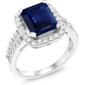 Gem Stone King 4.03 Cttw Blue Sapphire Engagement Ring For Women In 925 Sterling Silver | 10X8MM Emerald Cut | Available in size 5, 6, 7, 8, 9