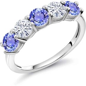 Gem Stone King 925 Sterling Silver Blue Tanzanite and White Moissanite Wedding Band Ring For Women (0.86 Cttw, Round 3.5MM, Gemstone December Birthstone, Available In Size 5, 6, 7, 8, 9)