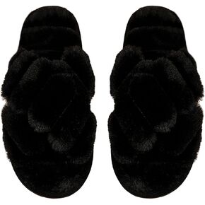 Verdusa Women's Fuzzy Memory Foam Slippers Cross Band Cozy Plush Home Slippers Furry Open Toe House Shoes