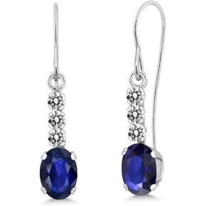 Gem Stone King 10K White Gold Blue Sapphire and White Diamond Drop Dangle Earrings For Women (1.10 Cttw, Gemstone September Birthstone, Oval 6X4MM)