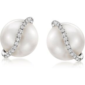 Ross-Simons 8-8.5mm Cultured Pearl and Diamond-Accented Swirl Earrings in Sterling Silver