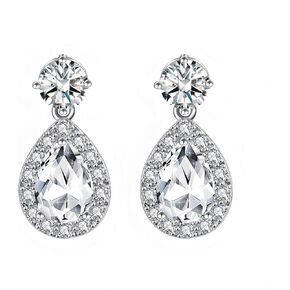Austrian Crystal Teardrop Halo Drop Dangle Earrings for Women 14K White Gold Plated Flatback Stud Earrings Hypoallergenic Jewelry