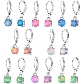 8 Pairs Silver Small Hoop Earrings with Charm for Women-Opal Leverback Earrings for women -6mm Opal Earrings Pack for -s Dangle Earrings for Women -Dainty Earrings- Cute Earrings for Women