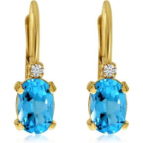 14k Gold Oval Gemstone and Diamond Leverback Earrings