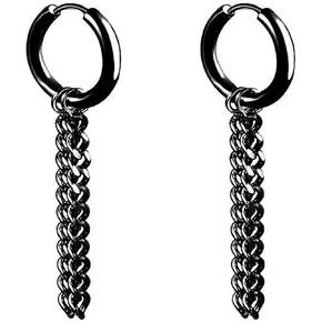Unique Punk Black Long Double Chain Tassel Stainless Steel Huggie Hinged Hoop Dangle Drop Earrings for Men Women Personalist