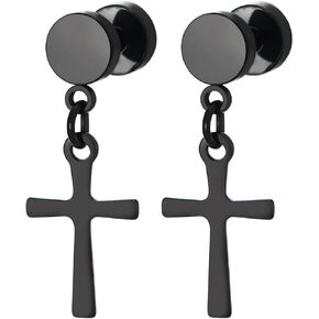 Pair Black Circle Screw Stud Earrings with Dangling Cross, Unisex for Men Women