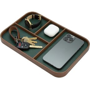 MUUJEE Leather Catchall Multitray (Design 1) - 11.65 x 7.75 x 0.8, Everyday Watch and Wallet Caddy Organizer with 4 Compartments, Accessory Glasses Phone Valet Dump Tray for Bedside Nightstand, Tan