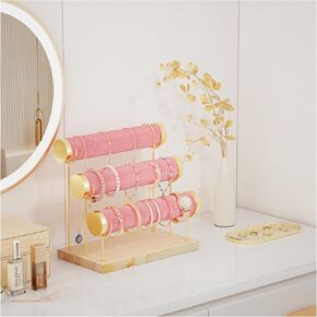 Lolalet Detachable Bracelet Holder Stand, Gold Bracelet Organizer for Selling, Velvet Wrap Bracelet Display Rack with Wooden Base for Bangles Scrunchies Watches -2 Tier, Beige