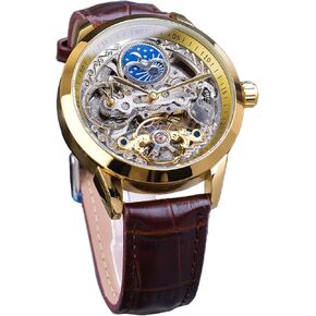 FORSINING Men's Skeleton Moon Phase Watch Mechanical Self-Wind Tourbillon Dual Time Zone Watches Automatic Luxury Leather Strap Large Dial Wristwatch