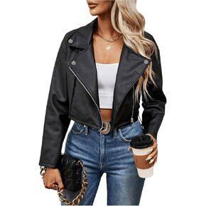 MakeMeChic Women's PU Leather Jacket Lapel Long Sleeve Zipper Cropped Motorcycle Jacket Outerwear