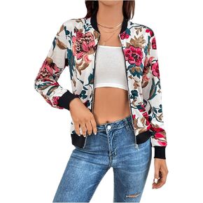 MakeMeChic Women's Long Sleeve Floral Bomber Jacket Zip Up Baseball Collar Coat