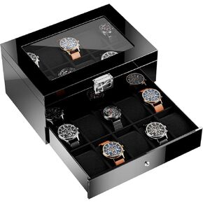 ProCase Wooden Men's Jewelry Box, 2-Tier Watch Holder and Sunglasses Box Organizer for Men, Display Cases with Clear Glass Top and Storage Drawer -Black
