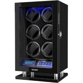 DUKWIN Fingerprint Lock Watch Winder 6 Automatic Winding Spaces with Smart LCD Touch Screen,Blue LED Light, Quiet Motor, and Adjustable Watch Pillows for Gentles and Ladies
