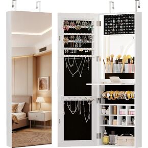 IRONCK Jewelry Armoire Cabinet Organizer with Full-Length Mirror, Built-in Mirror, LED light, Foldable Shelf, Wall or Door Mounted, Large Capacity Storage, White