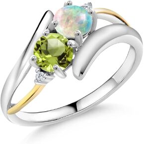 Gem Stone King 925 Sterling Silver and 10K Yellow Gold Round Cabochon White Simulated Opal Green Peridot and Lab Grown Diamond 2 Stone Crossover Ring For Women (1.07 Cttw, Available 5,6,7,8,9)