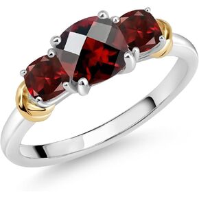 Gem Stone King 925 Sterling Silver and 10K Yellow Gold Red Garnet 3 Stone Engagement Ring For Women (1.81 Cttw, Cushion Checkerboard Cut 6MM and 4MM, Available In Size 5, 6, 7, 8, 9)