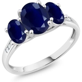 Gem Stone King 10K White Gold Blue Sapphire and White Diamond Oval 3-Stone Engagement Ring For Women (2.89 Cttw, Gemstone September Birthstone, Available In Size 5, 6, 7, 8, 9)