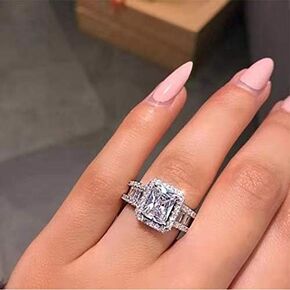 925 Sterling Silver Princess Cut Cubic Zirconia Ring Engagement Wedding Ring Emerald Cut Cubic Zirconia Simulated Diamond Wedding Engagement Ring