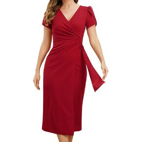 ODIZLI Women's Casual Semi Formal Summer Petal Sleeve V Neck Ruched Bodycon Midi Dress Party Dress in Kuwait
