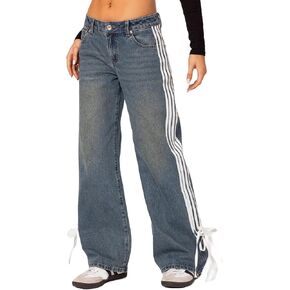 Mxiqqpltky Womens Wide Leg Jeans High Waist Boyfriend Denim Pants Side Striped Print Straight Baggy Mom Jeans Y2k Streetwear