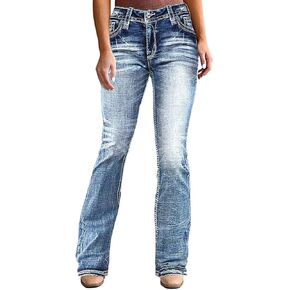 Flamingals Mid Waisted Bootcut Jeans for Women High Stretch Straight Skinny Leg Jeans Embroidery Print Denim Pants